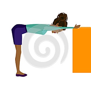 Pretty African American woman doing exercises for back on the office chair. Business woman in healthy forward bend pose.