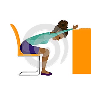 Pretty African American woman doing exercises for back on the office chair. Business woman in healthy forward bend pose.