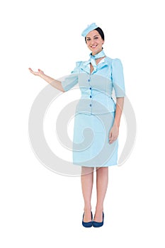 Pretty air hostess showing with hand