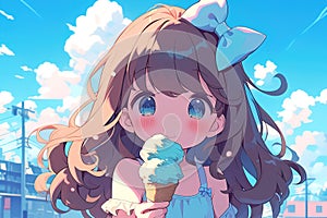 pretty anime chibi girl with long hair with bow eating ice cream cone on summer street