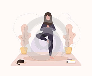 Pretty arab pregnant woman doing yoga, having healthy lifestyle and relaxation. Exercises for girls. Modern vector