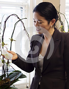 Pretty asian businesswoman admiring office plants