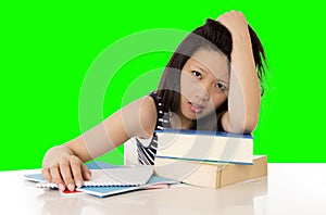 pretty asian woman student overworked on her laptop on white bac