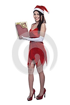 Pretty asian woman wearing santa claus costume holding gift box