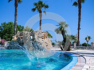 Pretty athletic sun tanned girl diving in a swimming pool on vacation