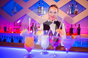 Pretty barmaid standing at bar counter