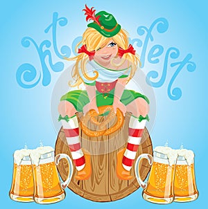 Pretty Bavarian girl with beer and pretzel, Oktoberfest card.