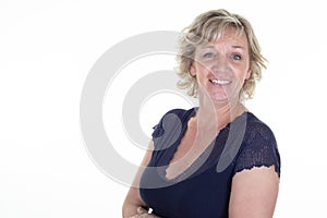 pretty beautiful middle aged woman mature happy blonde with folded arms crossed on white background