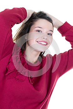 Pretty beautiful smiling young woman in red sweater