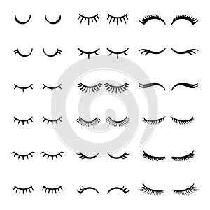 Pretty beauty closed eyes girl with shiny beautiful black eyelashes. Fabulous eyelash vector set