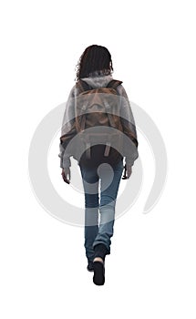 pretty black African american teen girl rear view. walking away. wearing a brown leather backpack. slim jean pants.