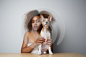 Pretty black american female with afro hair hugging her puppy basenji dog. Love between dog and owner. Isolated on white