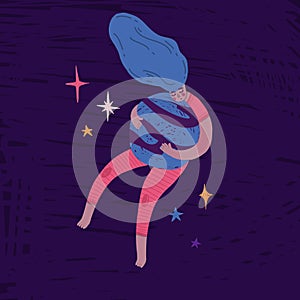Pretty black girl hugging the planet in space. Cute hand-drawn illustration with sleeping woman in pajamas and stars