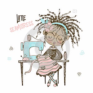 A pretty black seamstress girl sews a dress on a sewing machine. Doodle style. Vector