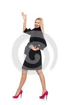 The pretty blond woman in black coat isolated on white