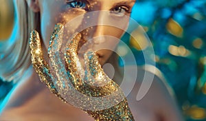 Pretty blond woman with golden, glittering hands