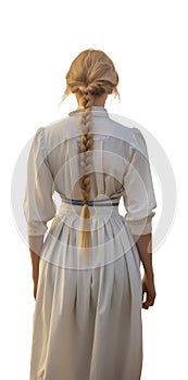 pretty blond woman with long blond braids and wearing a white dress and apron. Amish woman walking away.