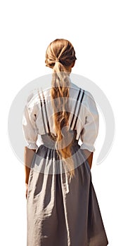 pretty blond woman with long hair in a ponytail. Amish woman walking away.