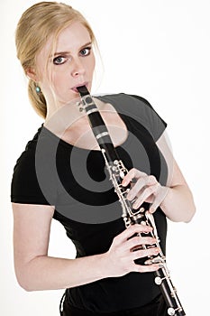 Pretty Blond Woman Playing Clarinet Musical Performance White Ba