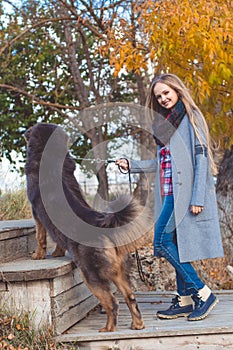 Pretty blonde girl with mastiff on the nature