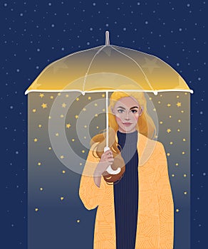 pretty blonde girl under a star umbrella