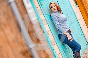 Pretty blonde girl woman in turtleneck sweater