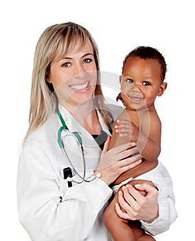 Pretty blonde pediatrician with a beautiful African American bab