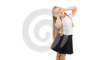 Pretty blonde schoolgirl isolated on a white background