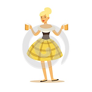 Pretty blonde waitress in Bavarian traditional costume holding beer mugs, Oktoberfest beer festival vector Illustration