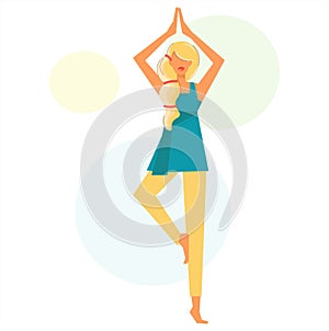 Pretty blonde woman doing yoga in tree pose. Young woman doing yoga in vrksasana pose, girl working out in fitness club