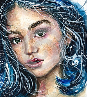 Pretty blue haired girl hand drawn watercolor illustration