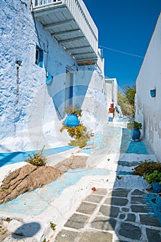 Pretty blue street in Plaka, Milos