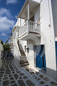 Pretty blue and white houses in Chora, Mykonos,