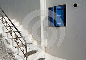 Pretty blue and white houses in Chora, Mykonos,