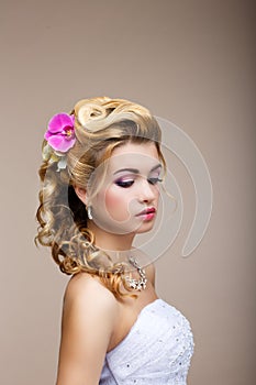 Dreams. Desire. Thoughtful Luxurious Bride Blonde - Gorgeous Hair Style. Purity photo