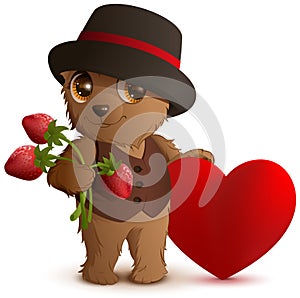 Pretty brown bear in hat holds strawberry berry and red heart symbol of love. Gift for Valentines Day