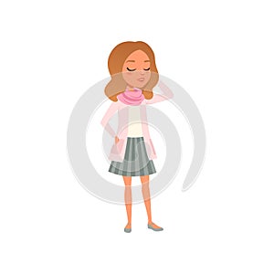 Pretty brunette girl posing in t-shirt, pink jacket, scarf and striped skirt. Stylish female clothes. Cartoon teenager