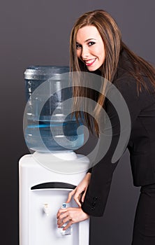 Pretty Brunette Woman Office Staff Water Cooler Workplace Drink