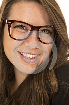 Pretty brunette woman smiling wearing glasses close-up portrait