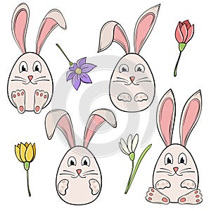 Pretty bunny rabbit Easter eggs with ears and paws set for holiday card design