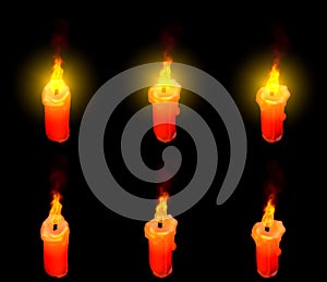 Pretty burning thin red beeswax candle isolated on black background with and without highlight - romance concept, 3D illustration