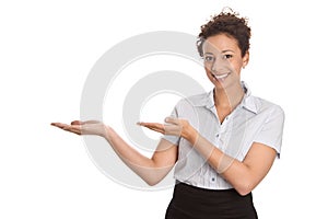 Pretty business or sales woman showing with hand gesture isolate