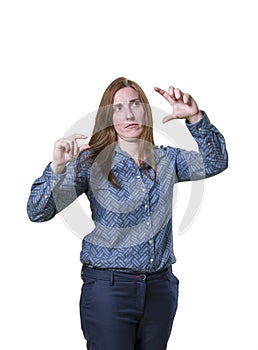 Pretty business woman doing tiny and big sign over white background