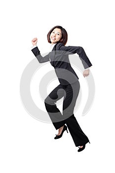 Pretty business woman happy running and jump