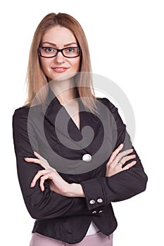 Pretty businesswoman with arm folded wearing glasses isolated