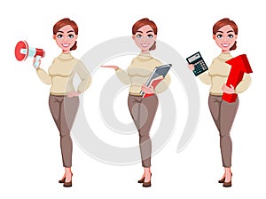 Pretty businesswoman cartoon character. Young beautiful business woman.