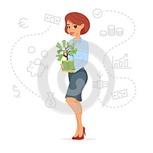 pretty businesswoman holding money tree.