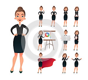 Pretty businesswoman working character set. Sucessful entrepreneur lady in office work situations. Confident young manager in the