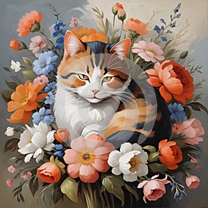 Pretty calico cat and flowers