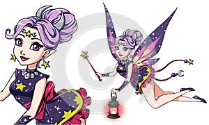 Pretty cartoon fairy holding lantern and magic wand. Violet hair, purple dress. Moon, stars